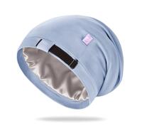 OLESILK Modal Cotton and 100% Mulberry Silk Lined Sleep Cap for Curly Hair Adjustable Slouchy Beanie Headwear Night Hat for Men & Women, Boys & Girls, Light Blue