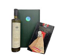 Oleum Comitis - Extra Virgin Olive Oil - 100% Italian Cold Extract - Gift Box with 750 ml Bottle and Parmigiano Reggiano Cantarelli 1876 Seasoned 24 Months 1 kg