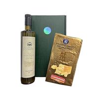 Oleum Comitis - Extra Virgin Olive Oil - 100% Italian Cold Extract - Gift Box with 750 ml Bottle and Parmigiano Reggiano Cantarelli 1876 Seasoned 40 Months 1 kg