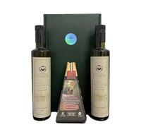 Oleum Comitis - Extra Virgin Olive Oil 100% Italian Cold Pressed - Gift Box with 2 x 500 ml Bottles and Parmigiano Reggiano DOP Vacche Rosse 24 Months
