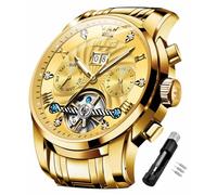 OLEVS Automatic Mechanical Men Watch Skeleton Tourbillon Self Winding Luxury Dress Stainless Steel Wrist Watches Waterproof Luminous Moon Phase, Gold…