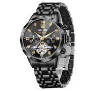 OLEVS Automatic Men Watch Self Winding Mechanical Moon Phase Business Luxury Diamond Dress Stainless Steel Waterproof Luminous Mens Wrist Watch, 6621:Black band & Black dial