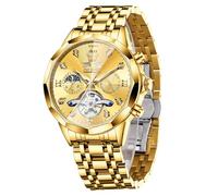 OLEVS Automatic Men Watch Self Winding Mechanical Moon Phase Business Luxury Diamond Dress Stainless Steel Waterproof Luminous Mens Wrist Watch, 6621:Gold band & Gold dial