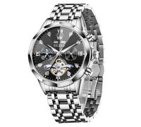 OLEVS Automatic Men Watch Self Winding Mechanical Moon Phase Business Luxury Diamond Dress Stainless Steel Waterproof Luminous Mens Wrist Watch, 6621:Silver band & Black dial