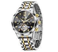 OLEVS Automatic Men Watch Self Winding Mechanical Moon Phase Business Luxury Diamond Dress Stainless Steel Waterproof Luminous Mens Wrist Watch, 6621: Two tone band & Black dial