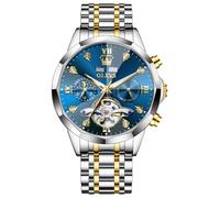 OLEVS Automatic Men Watch Self Winding Mechanical Moon Phase Business Luxury Diamond Dress Stainless Steel Waterproof Luminous Mens Wrist Watch, 6621: Two tone band & Blue dial