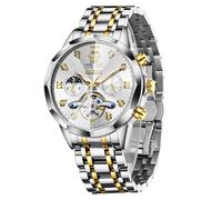 OLEVS Automatic Men Watch Self Winding Mechanical Moon Phase Business Luxury Diamond Dress Stainless Steel Waterproof Luminous Mens Wrist Watch, 6621: Two tone band & White dial