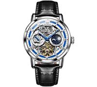 OLEVS Automatic Mens Watches,Leather Strap Vintage Tourbillon Baroque-Style, AUTO-BLACK WHITE AND BLUE, ROUND, Luxury Watch