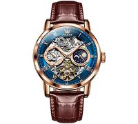 OLEVS Automatic Mens Watches,Leather Strap Vintage Tourbillon Baroque-Style, AUTO-BROWN ROSE GOLD AND BLUE, ROUND, Luxury Watch