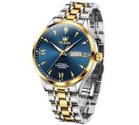 OLEVS Automatic Mens Watches Self Winding Mechanical Business Luxury Dress Wrist Watch Stainless Steel Waterproof Luminous Day Date, 9956: Two tone band & Blue dial, G