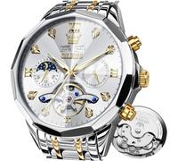OLEVS Automatic Watch for Men Luxury Diamond Self Winding Multifunctional Men's Calendar Watch Stainless Steel Waterproof Luminous Male Watches, 6621:Two Tone&White