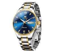 OLEVS Automatic Watches for Men Self Winding Mechanical Wristwatch Luxury Business Dress Stainless Steel Luminous Waterproof Calendar Mens Watch, Two Tone&Gold Blue, dress