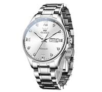 OLEVS Automatic Watches for Men Self Winding Mechanical Wristwatch Luxury Business Dress Stainless Steel Luminous Waterproof Calendar Mens Watch, Silver&White, dress