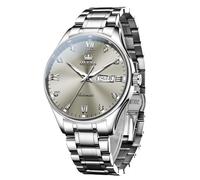 OLEVS Automatic Watches for Men Self Winding Mechanical Wristwatch Luxury Business Dress Stainless Steel Luminous Waterproof Calendar Mens Watch, Silver&Grey, dress