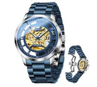 OLEVS Automatic Watches for Men Skeleton Luxury Gold Dress Stainless Steel, Self-Winding Mechanical Waterproof Men's Watch with Luminous Hands - Ideal Gift, 6728:Blue strap&blue dial