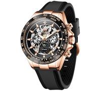 OLEVS Automatic Watches for Men Skeleton Self Winding Watch Stainless Steel Silicone Waterproof Luminous Diamond Six-Hand Moon Phase Mechanical Wirst Watch, 6713: Rose gold-black
