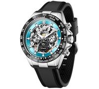OLEVS Automatic Watches for Men Skeleton Self Winding Watch Stainless Steel Silicone Waterproof Luminous Diamond Six-Hand Moon Phase Mechanical Wirst Watch, 6713: Silver-blue