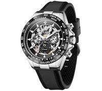 OLEVS Automatic Watches for Men Skeleton Self Winding Watch Stainless Steel Silicone Waterproof Luminous Diamond Six-Hand Moon Phase Mechanical Wirst Watch, 6713: Silver-black