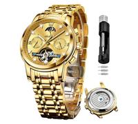 OLEVS Automatic Watches for Men Waterproof Luxury Dress Self Winding Mechanical Skeleton Tourbillon Moon Phase Stainless Steel Luminous Diamond Men's Wrist Watches Gift, Gold, Modern