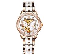 OLEVS Automatic Watches for Women Luxury Diamond Butterfly Flower Shape Hollow Rose Gold Mechanical Elegant Dress Women's Watches Two Tone Ceramic and Steel Strap Waterproof Luminous Gift Ladies Watch