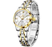 OLEVS Bicolor Women's Watch Stainless Steel Vintage Silver Gold Waterproof Watch Ladies with Date Modern Small White Dial Women's Watch Metal Strap Elegant Analogue Dress Watch Women Luminous Gifts