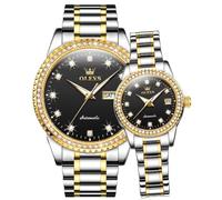 OLEVS Couple Automatic Watch Luxury Matching Watches for Lovers Diamond His and Her Watches Set Matching Romantic Men Women Waterproof Date Pair Black