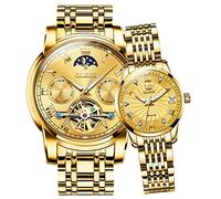 OLEVS Couple Pair Watch Automatic for Men and Women His and Hers Watches Set Gifts Mechanical Self-Winding Tourbillon Big Face Dress Wristwatch with Day Date Calendar Two Tone, All Gold Couple Moon
