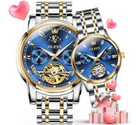 OLEVS Couple Pair Watches Set Automatic Mechanical Self Winding, 6617+6608: Two tone band & blue dial, Romantic
