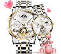 OLEVS Couple Pair Watches Set Automatic Mechanical Self Winding, 6617+6608: Two tone band & white dial, Romantic