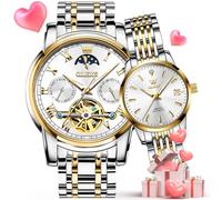OLEVS Couple Pair Watches Set Automatic Mechanical Self Winding, 6617+6635: Two tone band & white dial, Romantic