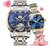 OLEVS Couple Pair Watches Set Automatic Mechanical Self Winding, 9910+6635: Two tone band & blue dial, Romantic