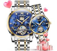 OLEVS Couple Pair Watches Set Automatic Mechanical Self Winding Dress Matching Watch for His and Hers Gifts, 9910+6608: Two tone band & blue dial, Romantic