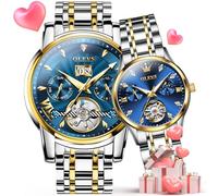 OLEVS Couple Pair Watches Set Automatic Mechanical Self Winding Dress Matching Watch for His and Hers Valentines Day Gifts, 9965+6608: Two tone band & blue dial, Romantic