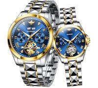 OLEVS Couple Pair Watches Set Automatic Mechanical Self Winding Dress Matching Watch for His and Hers Valentines Day Gifts, 3186+3202: Gold band & Blue dial, Romantic