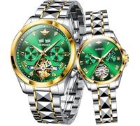 OLEVS Couple Pair Watches Set Automatic Mechanical Self Winding Dress Matching Watch for His and Hers Valentines Day Gifts, 3186+3202: Gold band & Green dial, Romantic