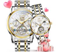 OLEVS Couple Pair Watches Set Automatic Mechanical Self Winding Dress Matching Watch for His and Hers Valentines Day Gifts, 9965+6608: Two Tone Band & White dial, Romantic