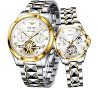OLEVS Couple Pair Watches Set Automatic Mechanical Self Winding Dress Matching Watch for His and Hers Valentines Day Gifts, 3186+3202: Gold band & White dial, Romantic