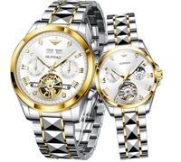 OLEVS Couple Pair Watches Set Automatic Mechanical Self Winding Dress Matching Watch for His and Hers Valentines Day Gifts, 3186+3202: Gold band & White dial, Romantic