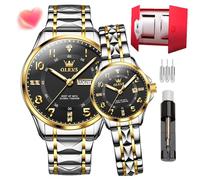 OLEVS Couple Quartz Watch Stainless Steel Couple Wedding Romantic Expression Man Day Night Glow Calendar Waterproof Casual Men's and Women's Watch (2910- Gold Black Watch Band - Couple Style)