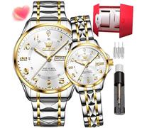 OLEVS Couple Quartz Watch Stainless Steel Couple Wedding Romantic Expression Man Day Night Glow Calendar Waterproof Casual Men's and Women's Watch (2910- Gold and White Watch Band - Couple Style)