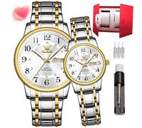 OLEVS Couple Quartz Watch Stainless Steel Couple Wedding Romantic Expression Man Day Night Glow Calendar Waterproof Casual Men's and Women's Watch (2891- Gold and White Watch Band - Couple Style)