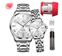 OLEVS Couple Quartz Watch Stainless Steel Couple Wedding Romantic Expression Man Day Night Glow Calendar Waterproof Casual Men's and Women's Watch (2910- White Watch Strap - Couple Style)