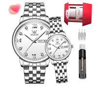 Olevs Couple Valentine's Day Gift His & Her Watch - Waterproof Stainless Steel Night Light Calendar Quartz Watch (White Strap)