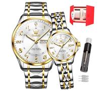 OLEVS Couple Watch His and Her Set Watches Analog Quartz Men and Women Watches Waterproof Luminous Date Wrist Watch Romantic gifts for couples' Gifts Set of 2 (2910- Two tone white face 1 pair)