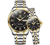 OLEVS Couple Watch His and Her Set Watches Business Analog Quartz Men and Women Watches Stainless Steel Waterproof Luminous Date Wrist Watch, two tone & silver-black couple