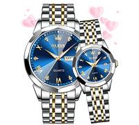 OLEVS Couple Watch His and Her Set Watches Business Analog Quartz Men and Women Watches Stainless Steel Waterproof Luminous Date Wrist Watch, Gold&Blue-Couple Watches, Elegant Fashion