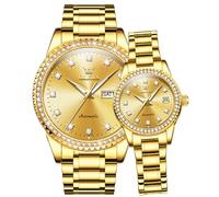 OLEVS Couple Watch Men and Women His and Her Watches Set Analog Date Diamond Stainless Steel Waterproof Luminous Wrist Watch, gold