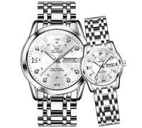 OLEVS Couple Watch Valentines Couple Matching Watches His and Her Couple Set Wrist Watch Men and Women Lovers Wedding Romantic Gifts Set of 2, GL5513 : Silver band & White dial, Modern