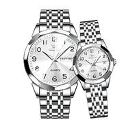 OLEVS Couple Watch Valentines Couple Matching Watches His and Her Couple Set Wrist Watch Men and Women Lovers Wedding Romantic Gifts Set of 2, GL9970: Silver band & White dial, Modern