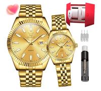 OLEVS Couple Watch Valentine's Day Gift His and Her Watch Waterproof Stainless Steel Night Light Calendar Quartz Watch (5593-Gold Watch Band)